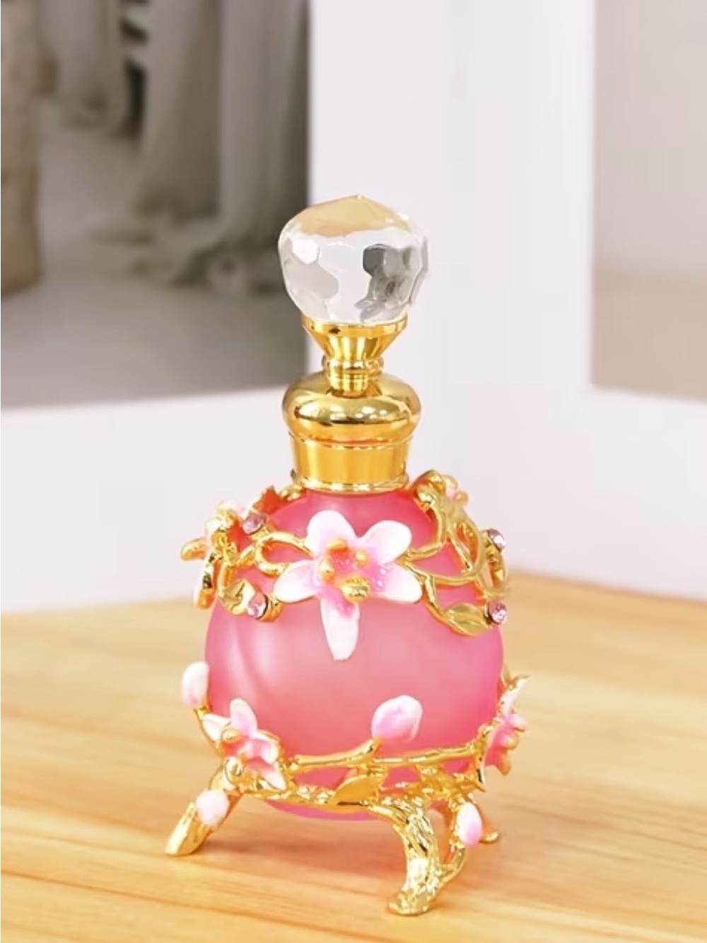 New Decorative Pink Glass Miniature Perfume Bottle with Gold Floral Accents